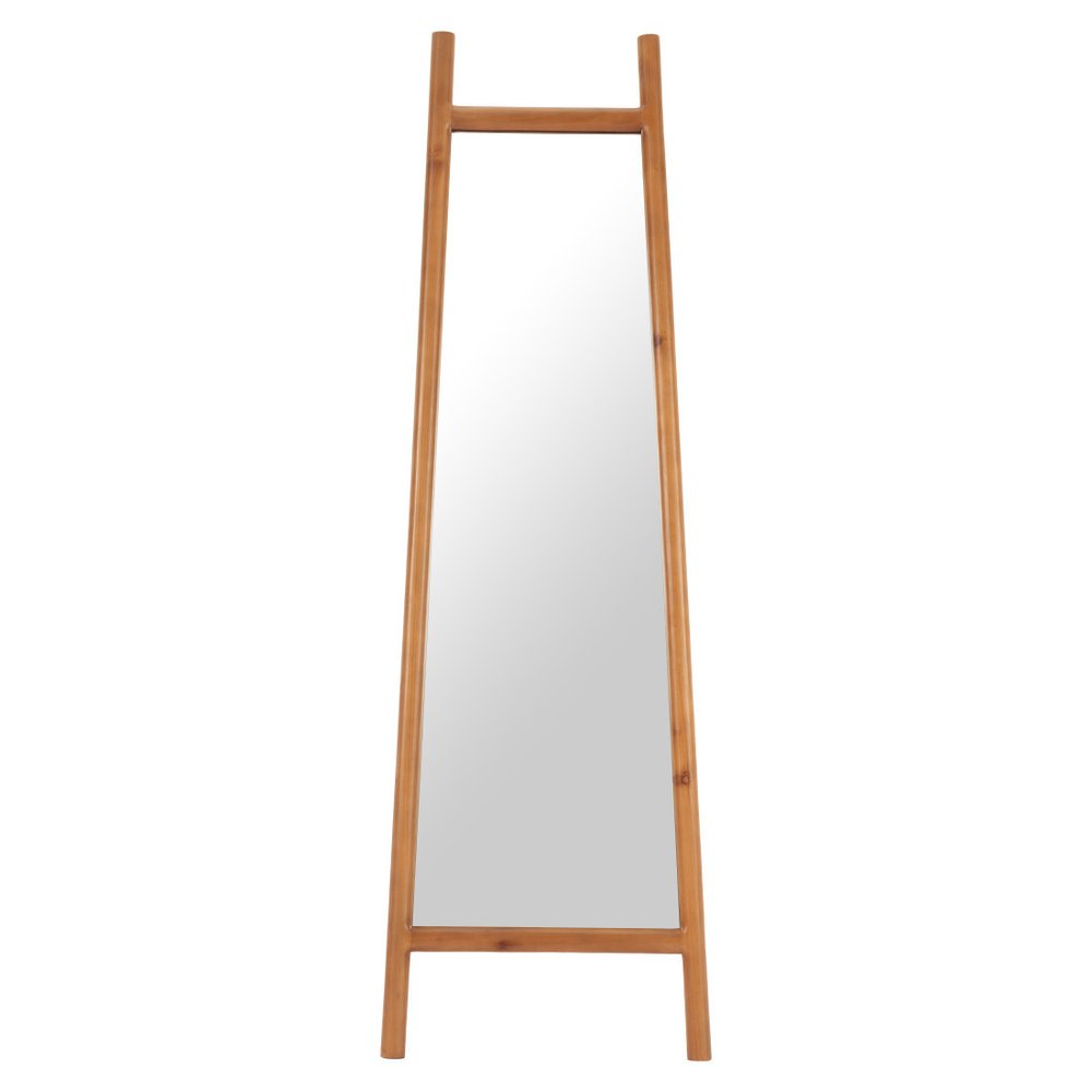 70" Natural Solid Wood Leaning Geometric Framed Standing Mirror on a white background