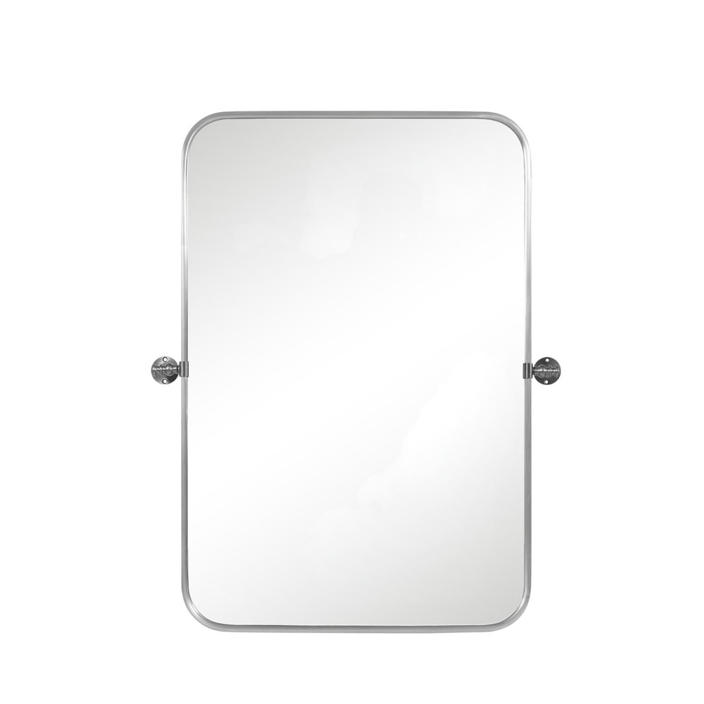 Rectangular silver metal framed mirror with rounded corners on a white background.