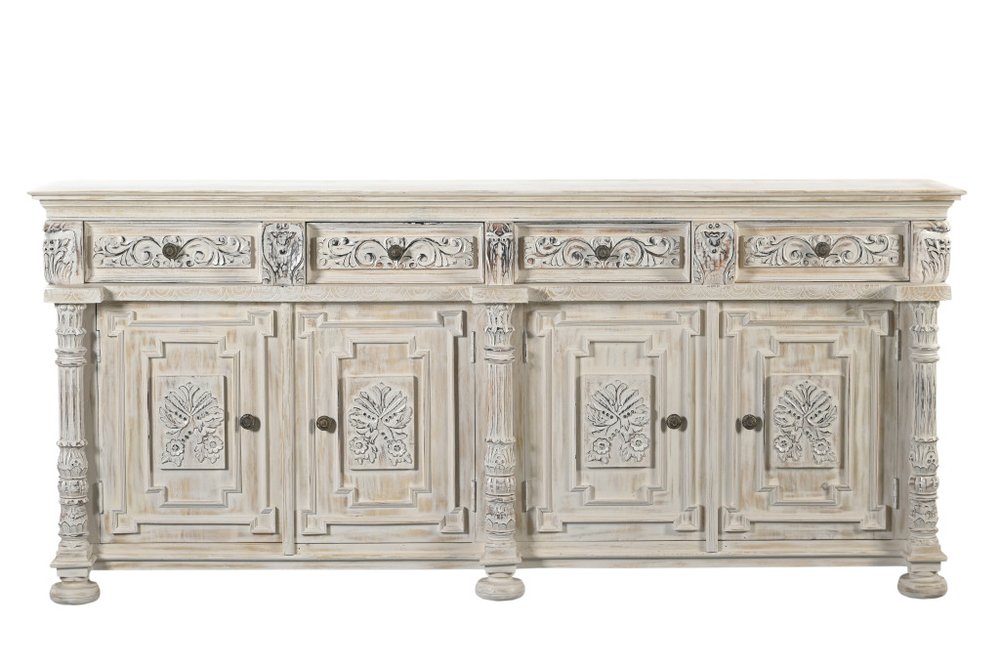 89" White Distressed Solid Wood Carved Scrollwork Four Drawer Sideboard With Four Doors