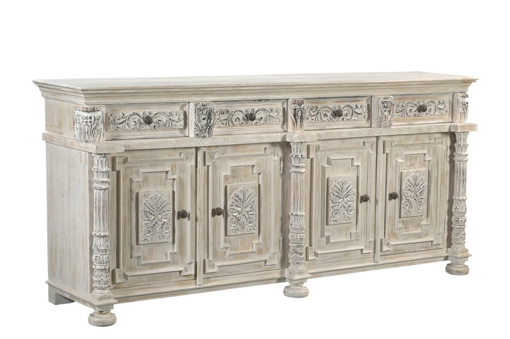 89" White Distressed Solid Wood Carved Scrollwork Four Drawer Sideboard With Four Doors