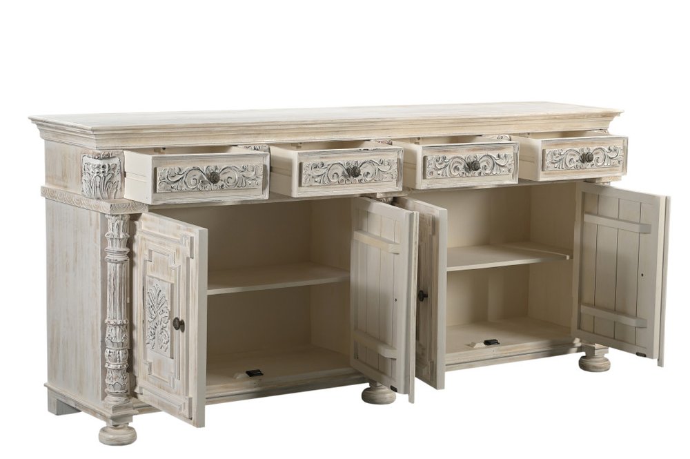 89" White Distressed Solid Wood Carved Scrollwork Four Drawer Sideboard With Four Doors