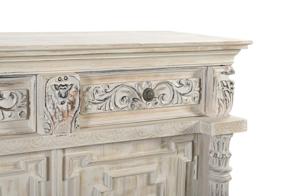 89" White Distressed Solid Wood Carved Scrollwork Four Drawer Sideboard With Four Doors
