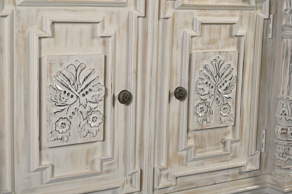 89" White Distressed Solid Wood Carved Scrollwork Four Drawer Sideboard With Four Doors