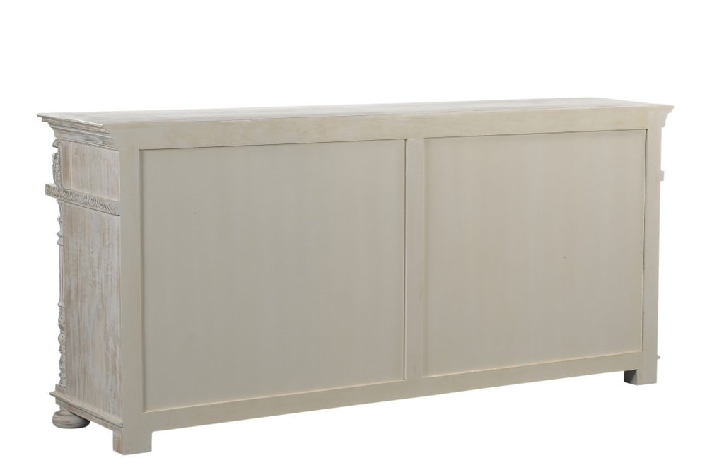 89" White Distressed Solid Wood Carved Scrollwork Four Drawer Sideboard With Four Doors on a white background
