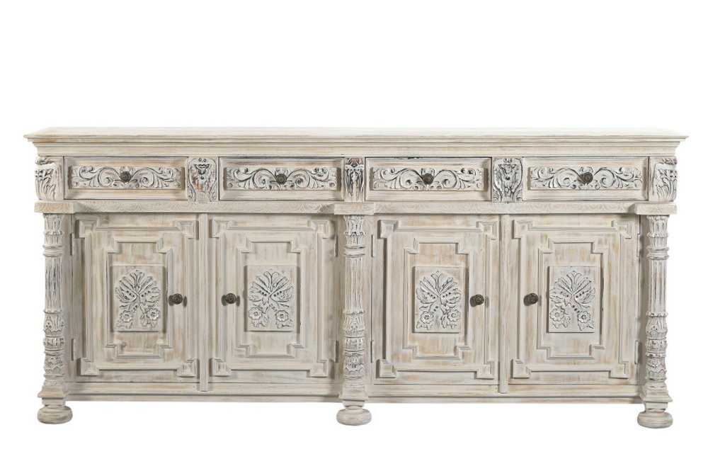 89" White Distressed Solid Wood Carved Scrollwork Four Drawer Sideboard With Four Doors on a white background