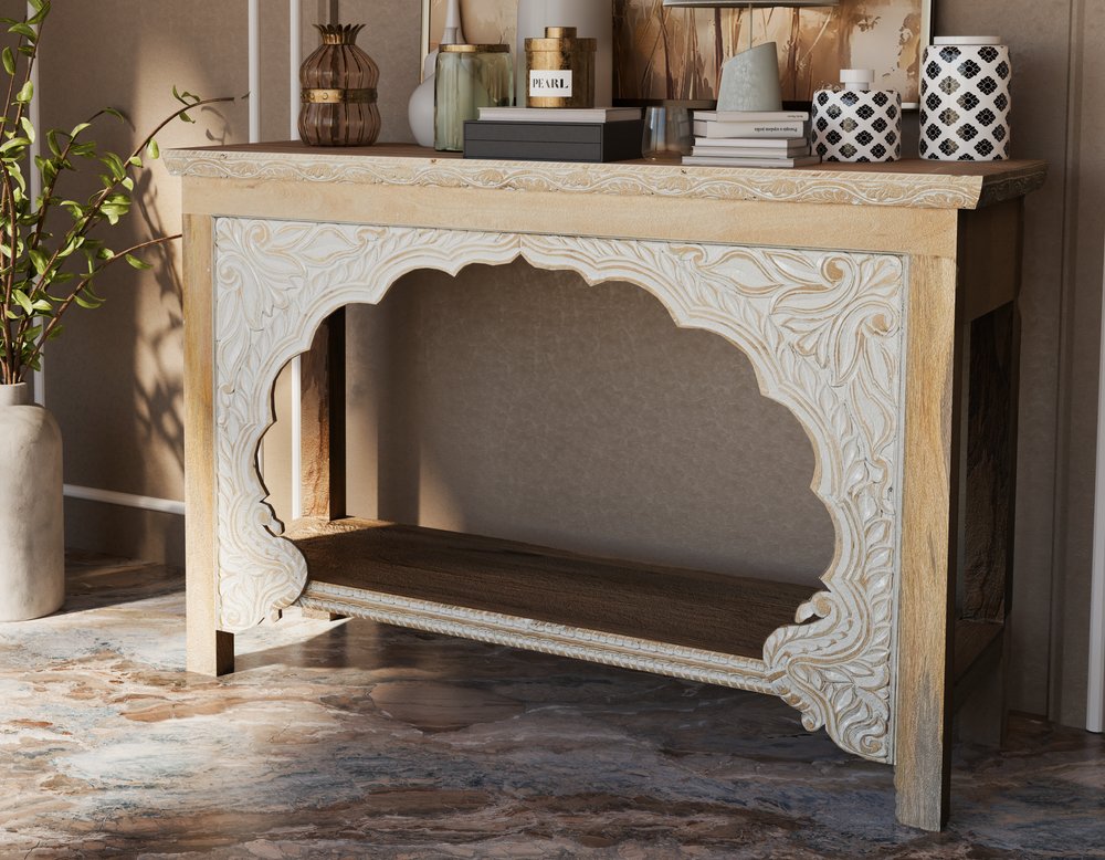 56" Natural Solid Wood Distressed Console Table With Shelf styled in a furnished interior with a mahogany wall on a charcoal floor in tan wood.
