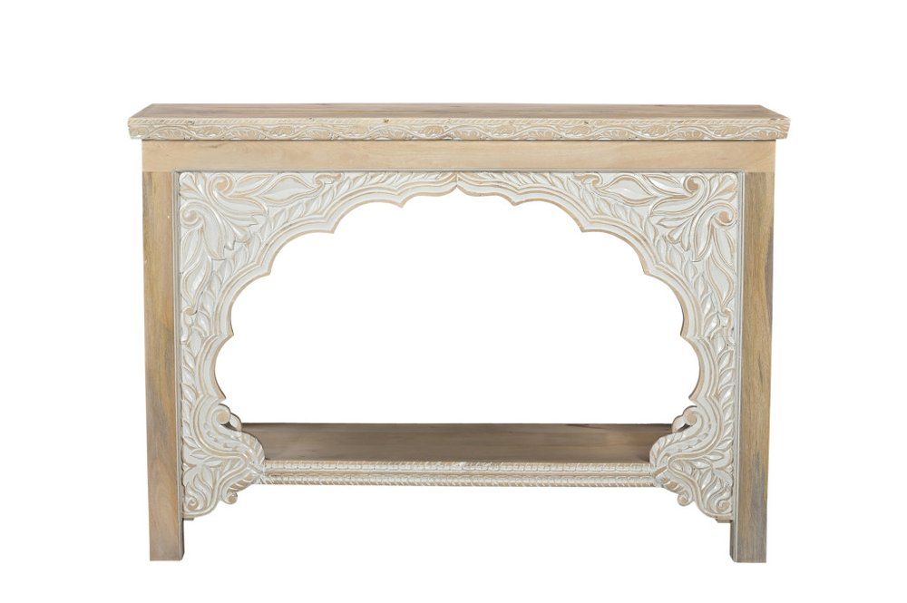Natural solid wood distressed console table with shelf, featuring carved white arch detail and a plain top.