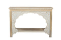 56" Natural Solid Wood Distressed Console Table With Shelf. Console table isolated on a plain white background, finished in white wood.