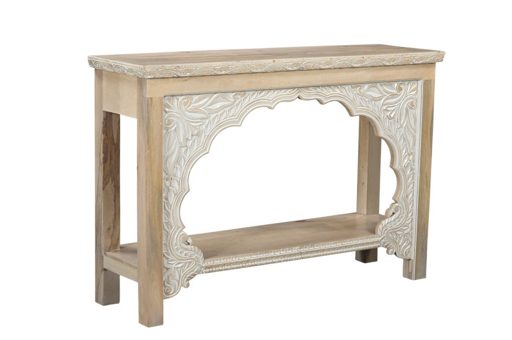 56" Natural Solid Wood Distressed Console Table With Shelf. Console table isolated on a plain white background, showing a white wood surface.