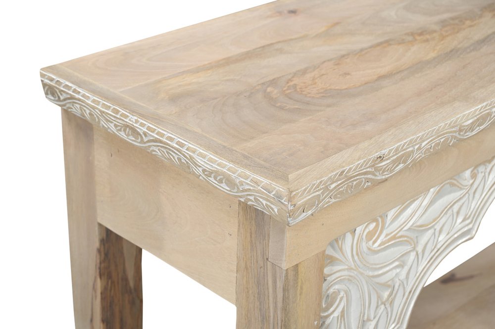 56" Natural Solid Wood Distressed Console Table With Shelf. Console table in white wood.