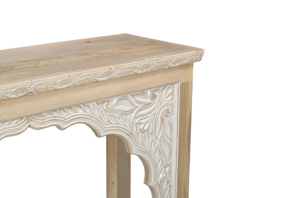 56" Natural Solid Wood Distressed Console Table With Shelf. Console table isolated on a plain white background, showing a white wood surface.