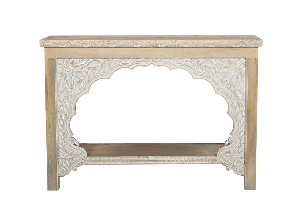 56" Natural Solid Wood Distressed Console Table With Shelf. Console table isolated on a plain white background, in a white wood finish.