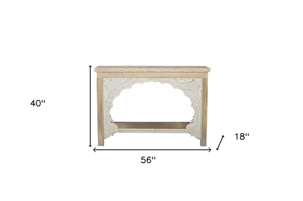 56" Natural Solid Wood Distressed Console Table With Shelf. Console table isolated on a plain white background, in a white wood finish.