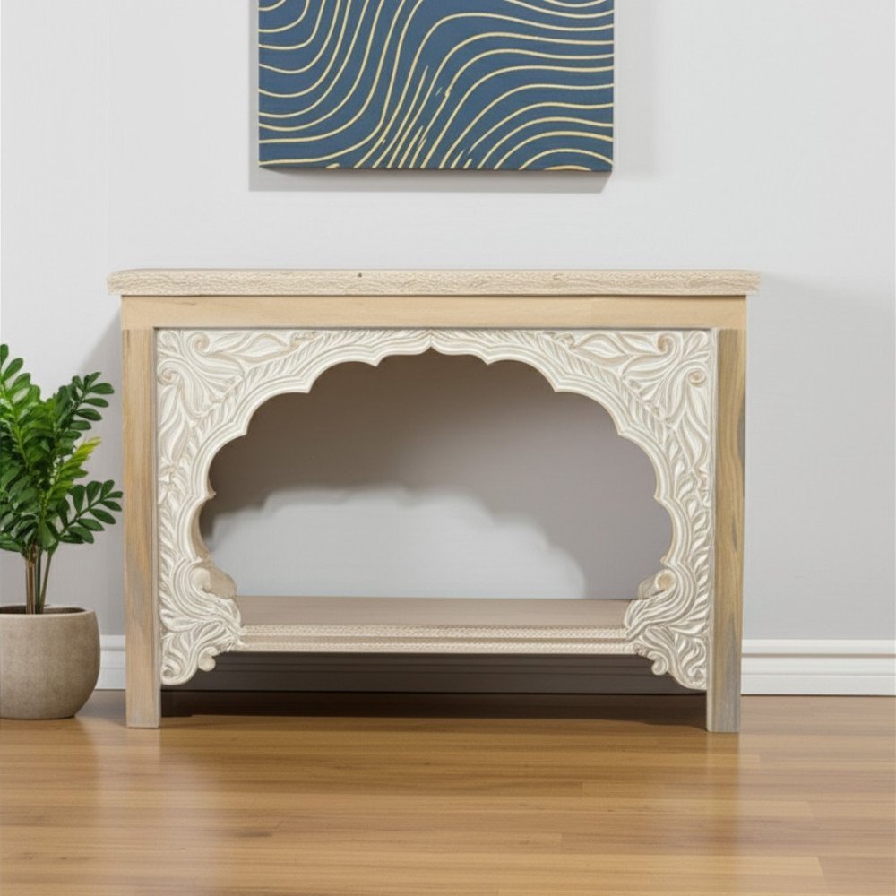 56" Natural Solid Wood Distressed Console Table With Shelf shown outdoors on an outdoor setting in white wood.