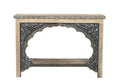 A distressed solid wood console table with a carved arched panel and shelf, in natural and black finishes, on a white background.