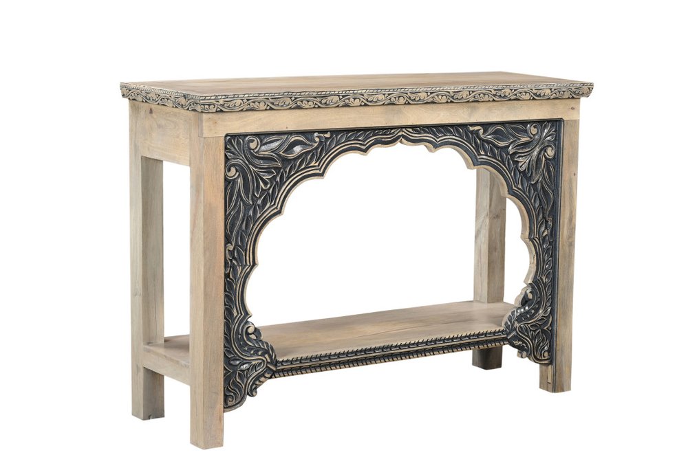 56" Natural and Black Solid Wood Distressed Console Table With Shelf. Console table isolated on a plain white background, showing a black wood surface.
