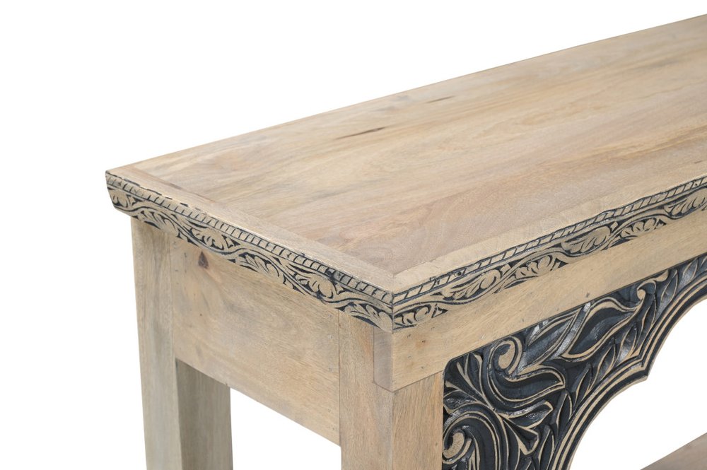 56" Natural and Black Solid Wood Distressed Console Table With Shelf. Console table isolated on a plain white background, in a black wood finish.
