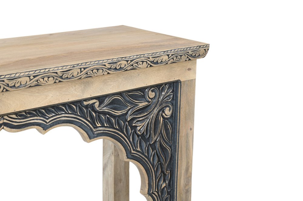 56" Natural and Black Solid Wood Distressed Console Table With Shelf. Console table isolated on a plain white background, finished in black wood.