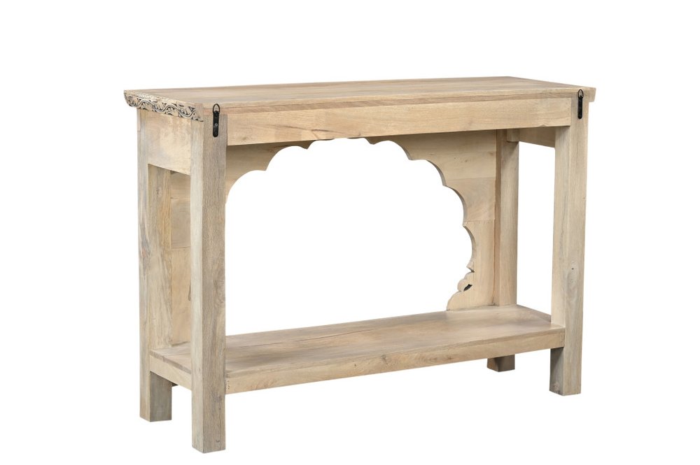 56" Natural and Black Solid Wood Distressed Console Table With Shelf. Console table isolated on a plain white background, showing a tan wood surface.