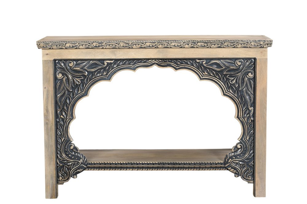 56" Natural and Black Solid Wood Distressed Console Table With Shelf. Console table isolated on a plain white background, finished in black wood.