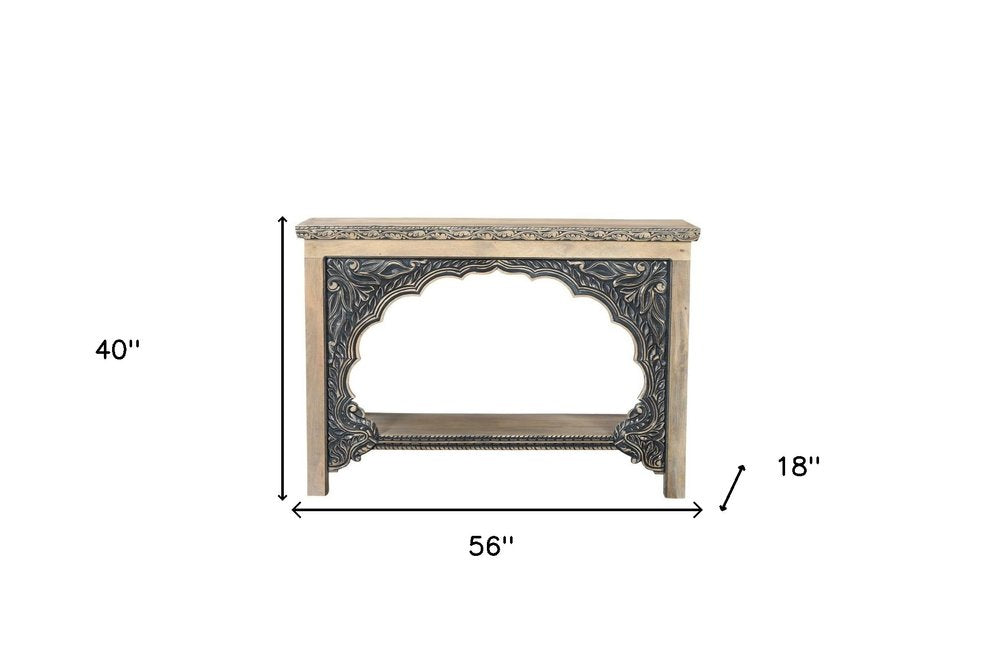 56" Natural and Black Solid Wood Distressed Console Table With Shelf. Console table isolated on a plain white background, in a black wood finish.