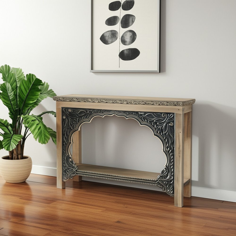 56" Natural and Black Solid Wood Distressed Console Table With Shelf.