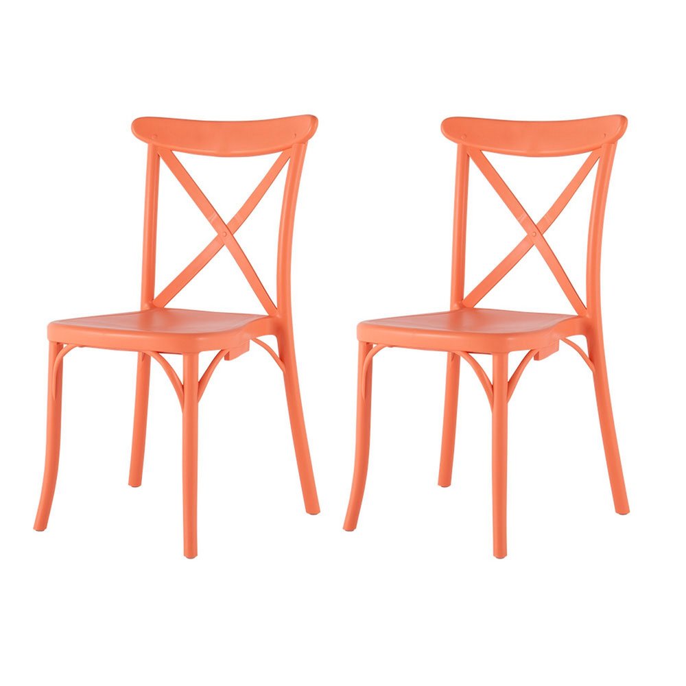 Set of Two Salmon Heavy Duty Plastic Outdoor Stacking Dining Chairs on a white background