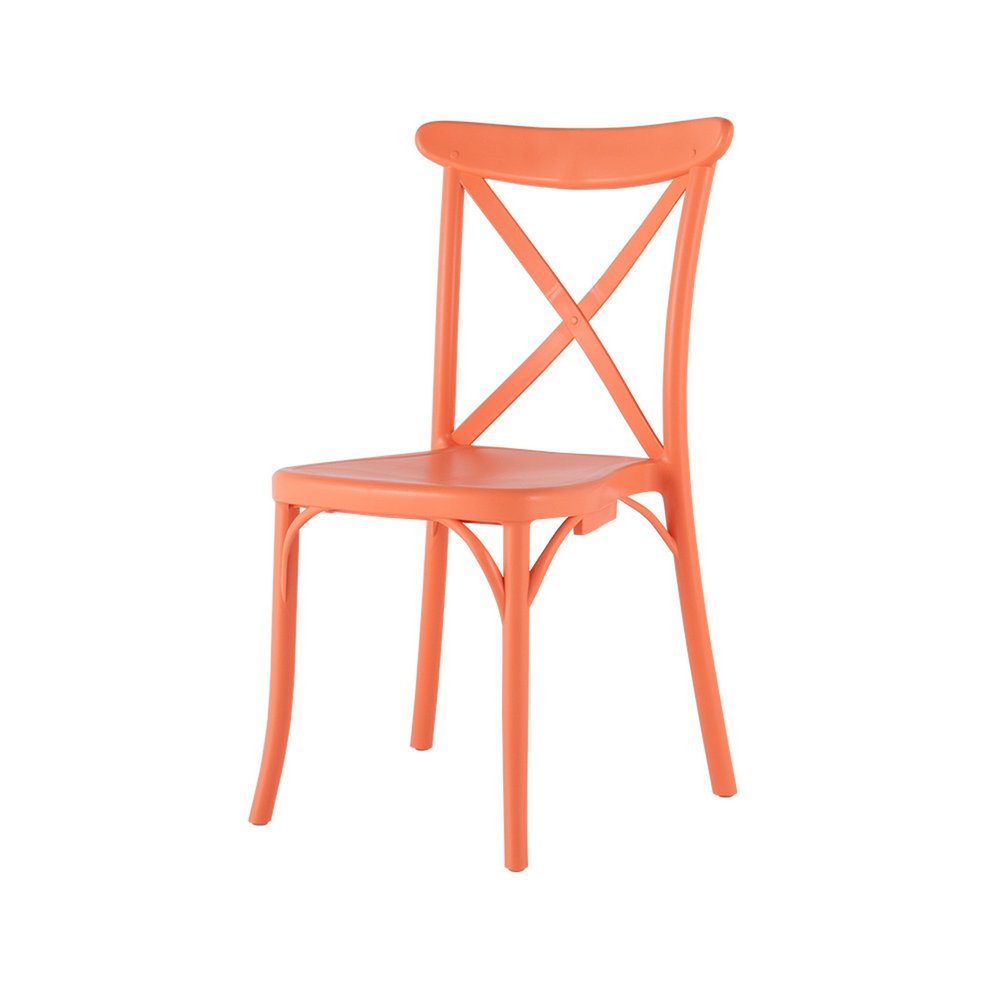Set of Two Salmon Heavy Duty Plastic Outdoor Stacking Dining Chairs on a white background
