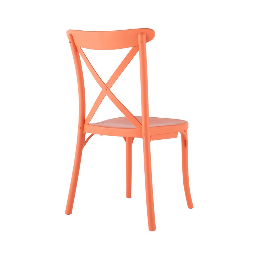 Set of Two Salmon Heavy Duty Plastic Outdoor Stacking Dining Chairs on a white background