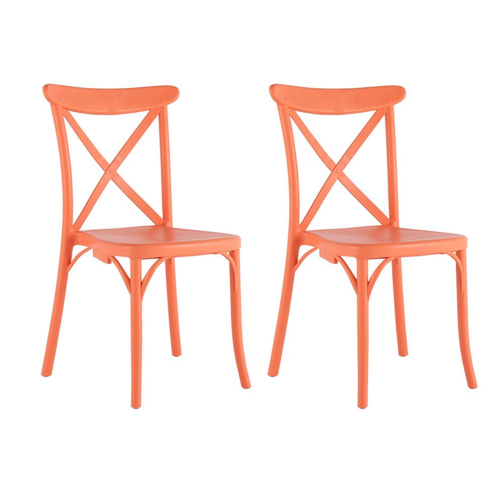Set of Two Salmon Heavy Duty Plastic Outdoor Stacking Dining Chairs on a white background