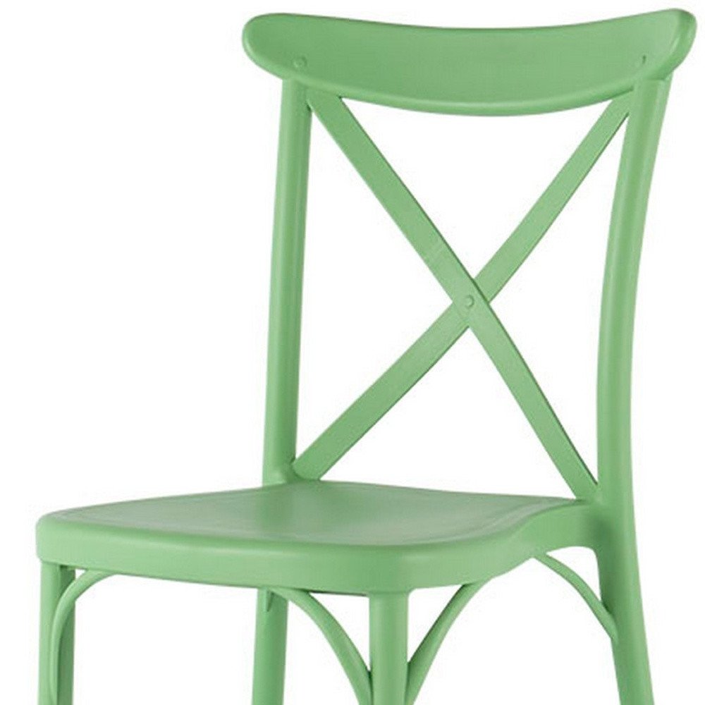 Set of Two Green Heavy Duty Plastic Outdoor Stacking Dining Chairs on a white background