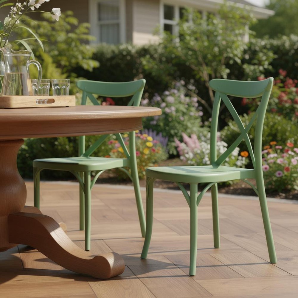 Set of Two Green Heavy Duty Plastic Outdoor Stacking Dining Chairs in a home interior