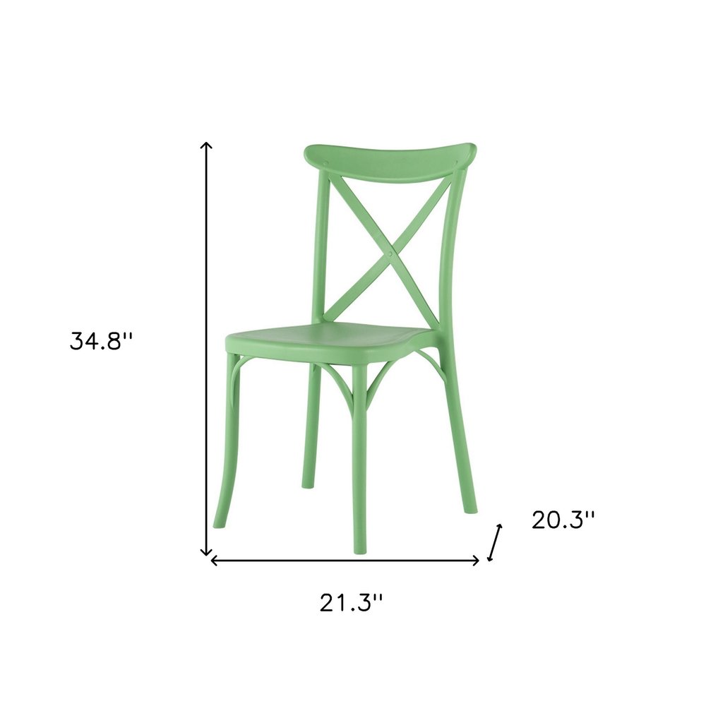 Set of Two Green Heavy Duty Plastic Outdoor Stacking Dining Chairs on a white background
