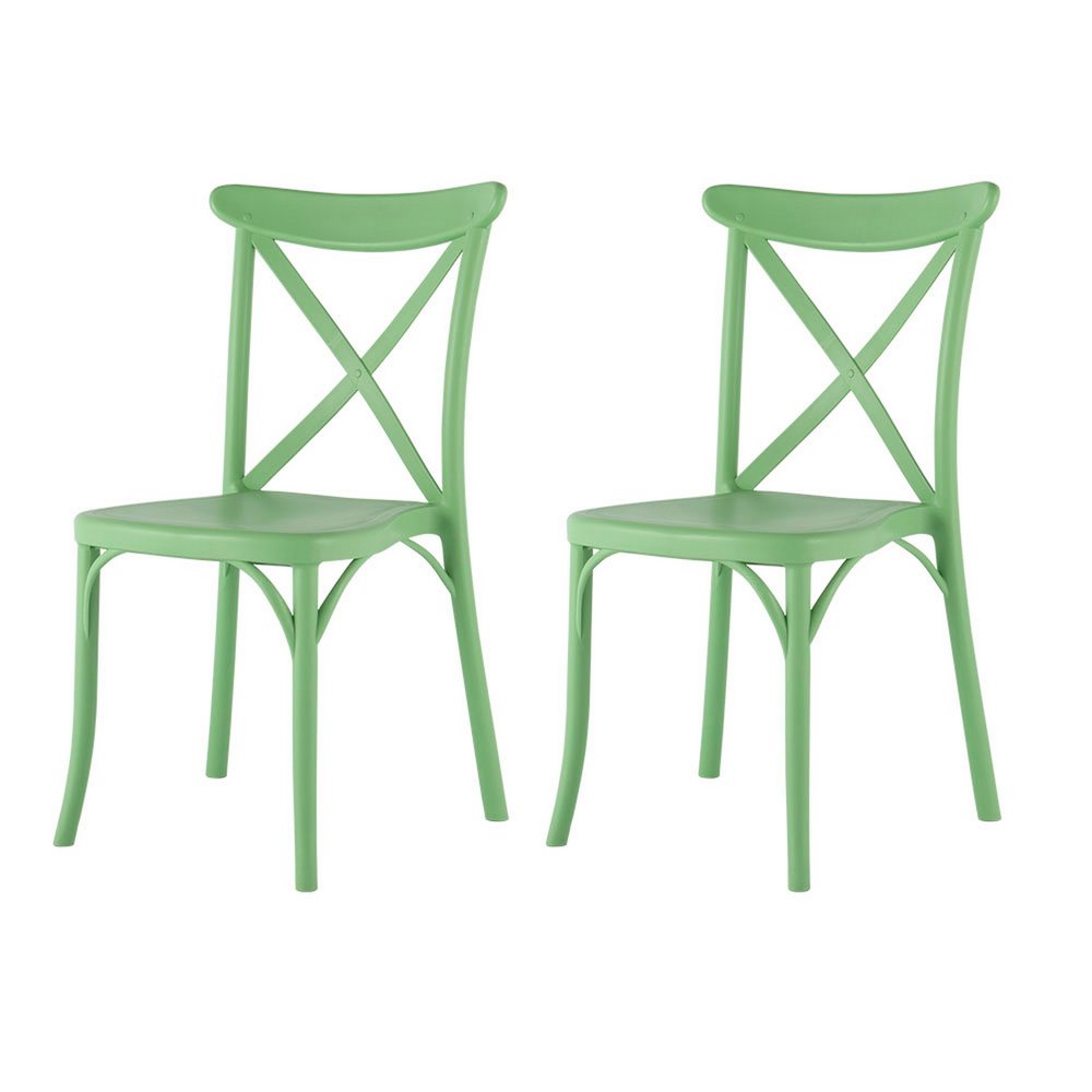 Set of Two Green Heavy Duty Plastic Outdoor Stacking Dining Chairs on a white background