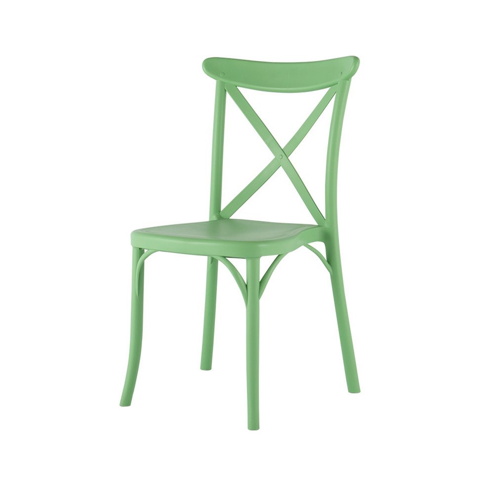 Set of Two Green Heavy Duty Plastic Outdoor Stacking Dining Chairs on a white background
