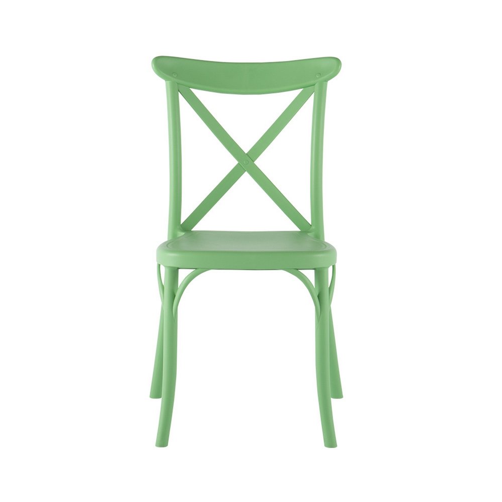 Set of Two Green Heavy Duty Plastic Outdoor Stacking Dining Chairs on a white background