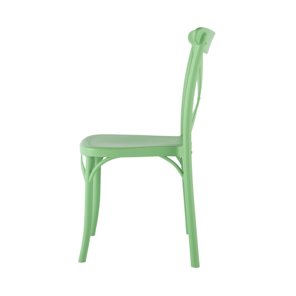 Set of Two Green Heavy Duty Plastic Outdoor Stacking Dining Chairs on a white background