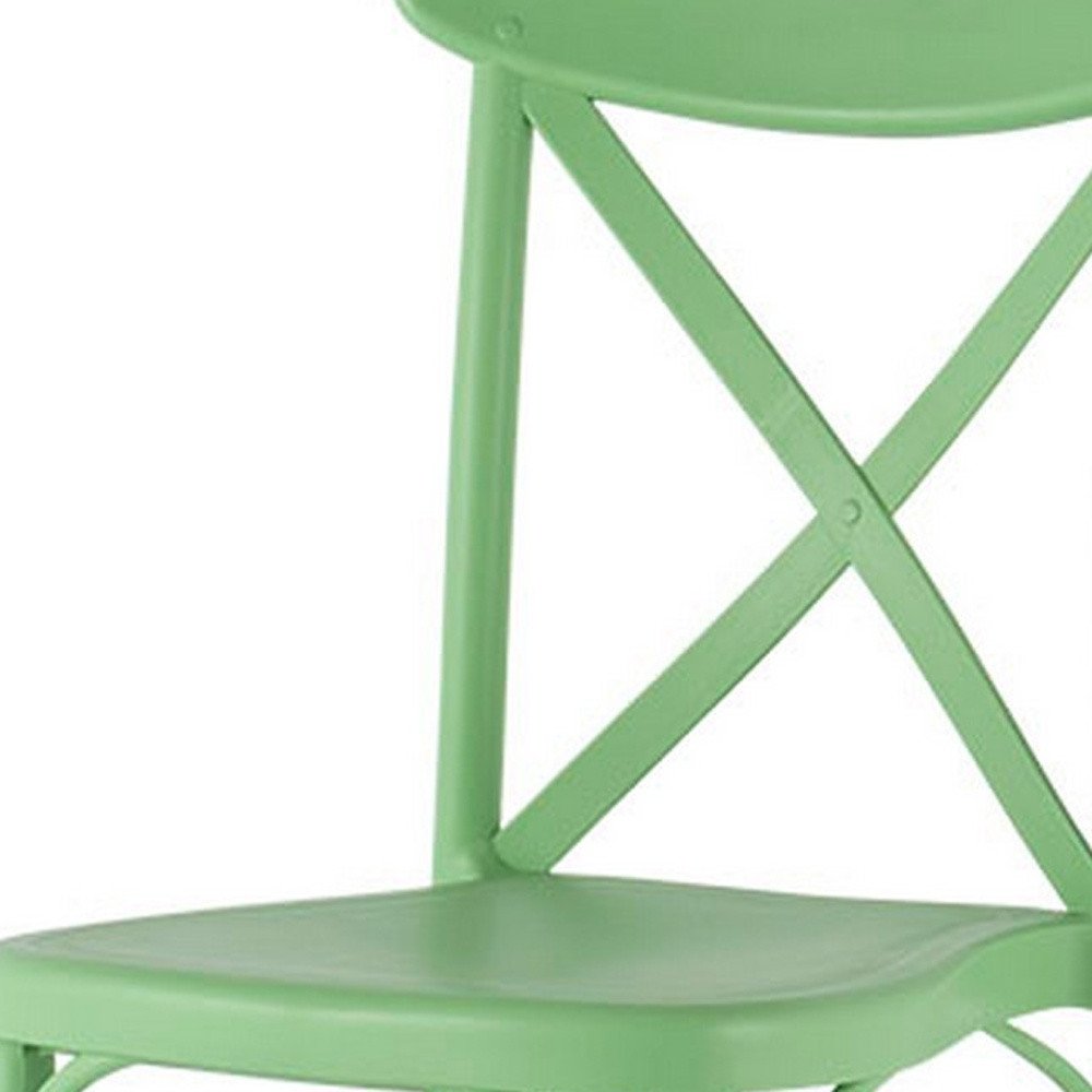 Set of Two Green Heavy Duty Plastic Outdoor Stacking Dining Chairs on a white background