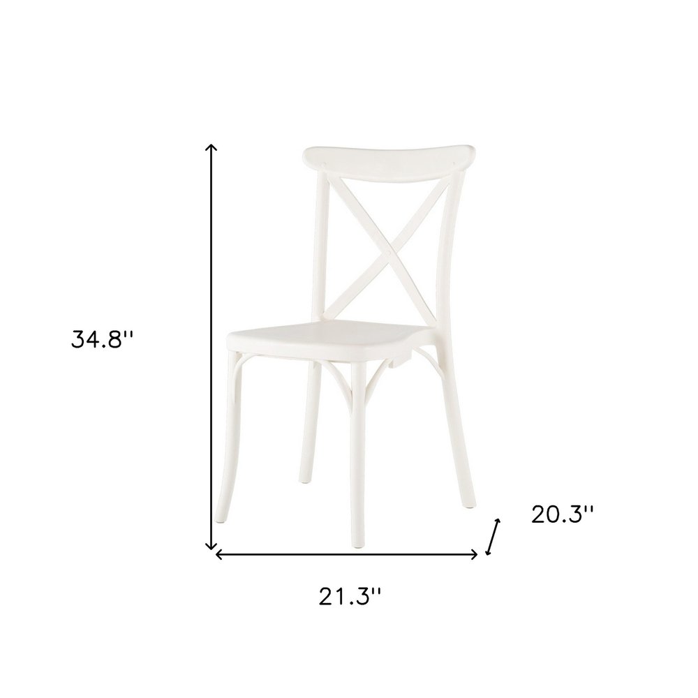 Set of Two White Heavy Duty Plastic Outdoor Stacking Dining Chairs on a white background