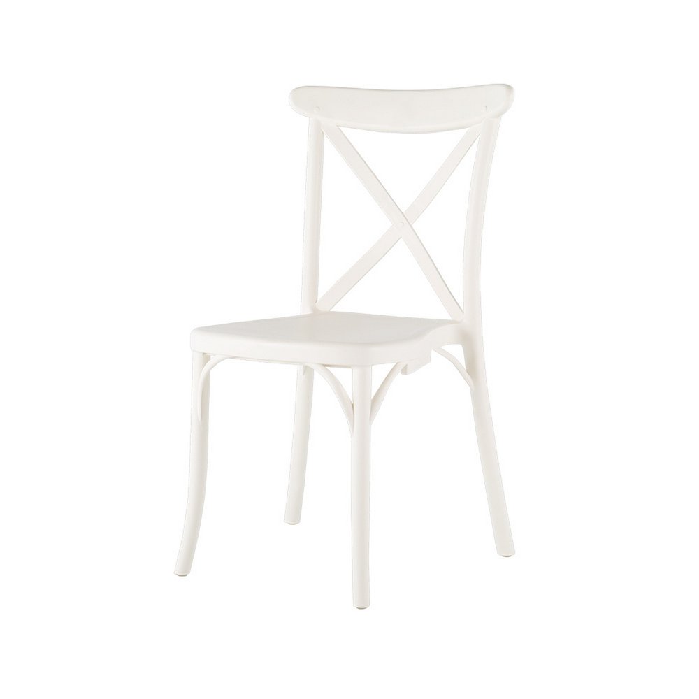 Set of Two White Heavy Duty Plastic Outdoor Stacking Dining Chairs on a white background