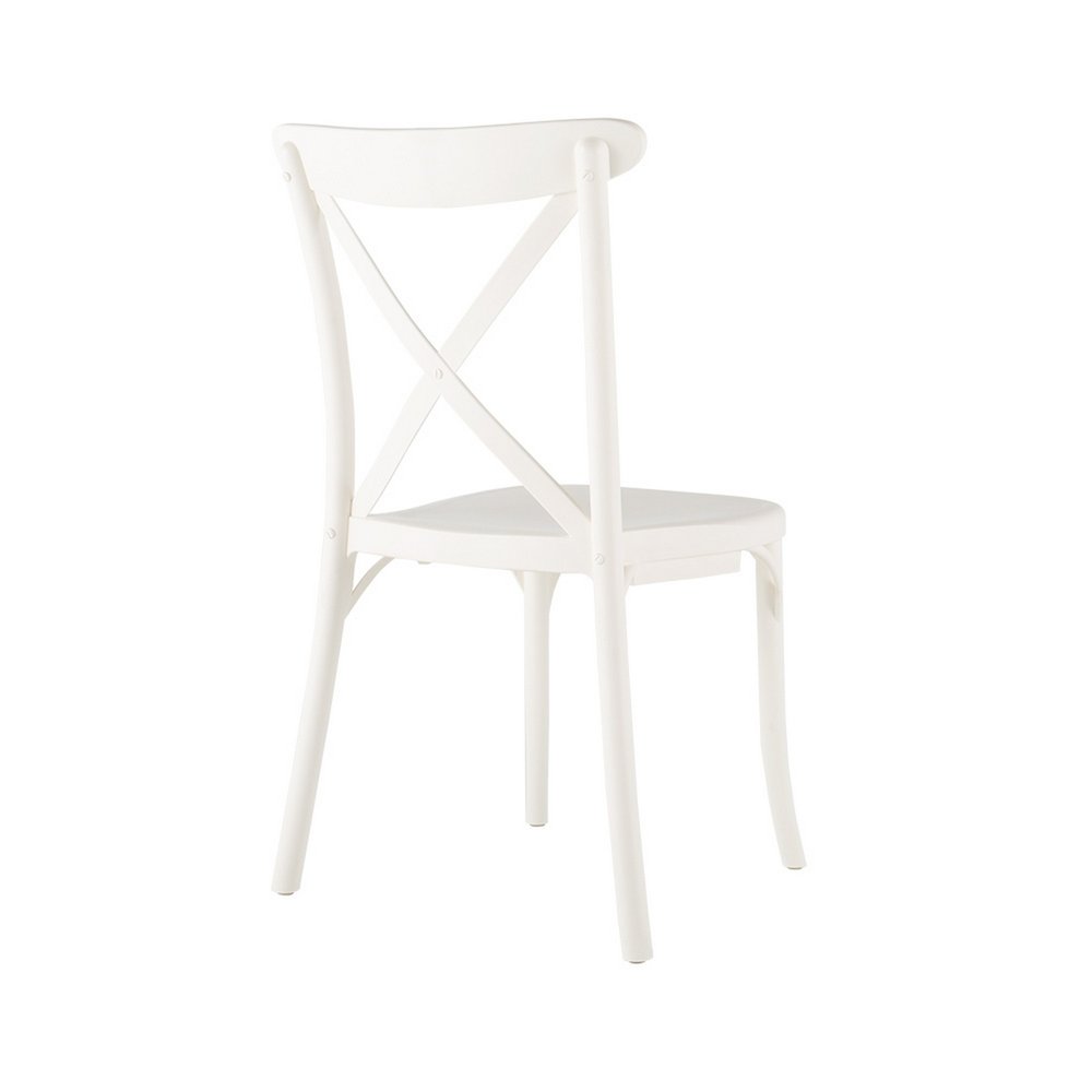 Set of Two White Heavy Duty Plastic Outdoor Stacking Dining Chairs on a white background
