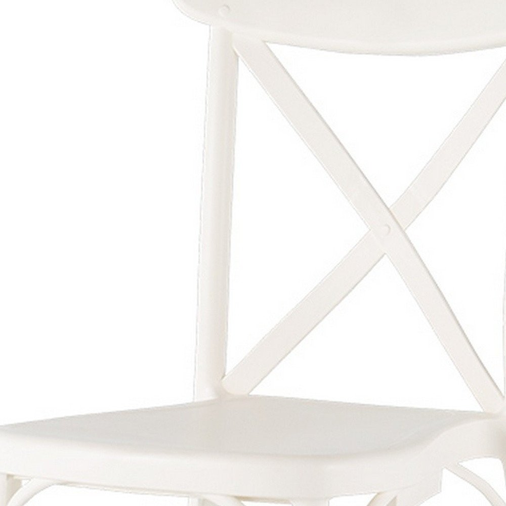 Set of Two White Heavy Duty Plastic Outdoor Stacking Dining Chairs on a white background