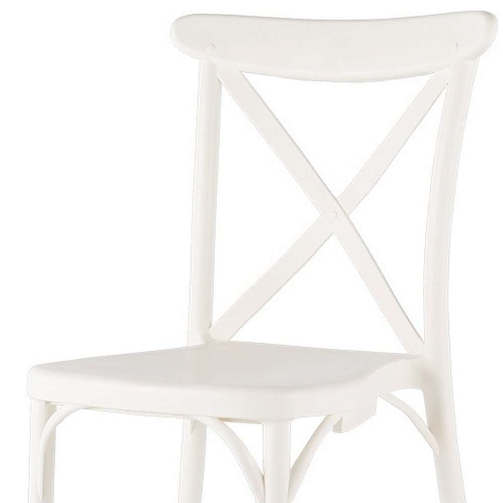 Set of Two White Heavy Duty Plastic Outdoor Stacking Dining Chairs on a white background