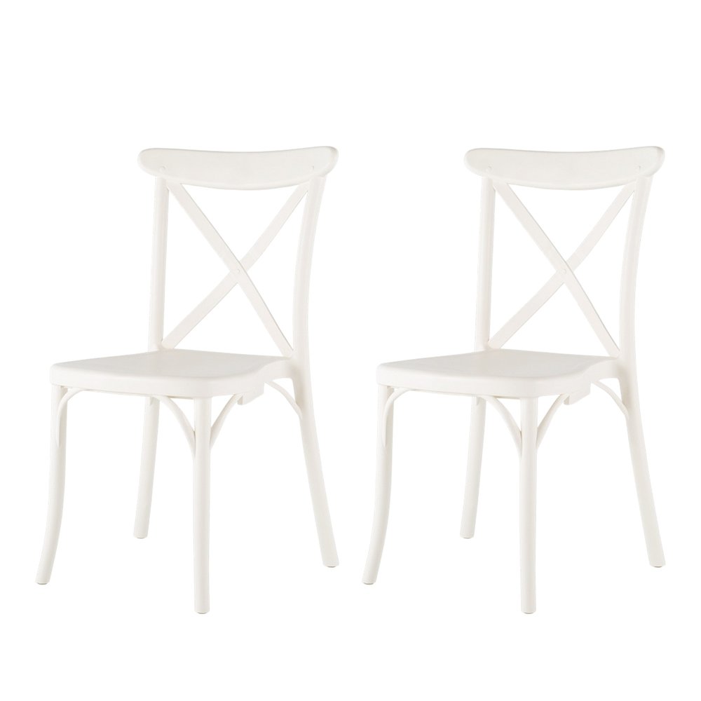 Set of Two White Heavy Duty Plastic Outdoor Stacking Dining Chairs on a white background