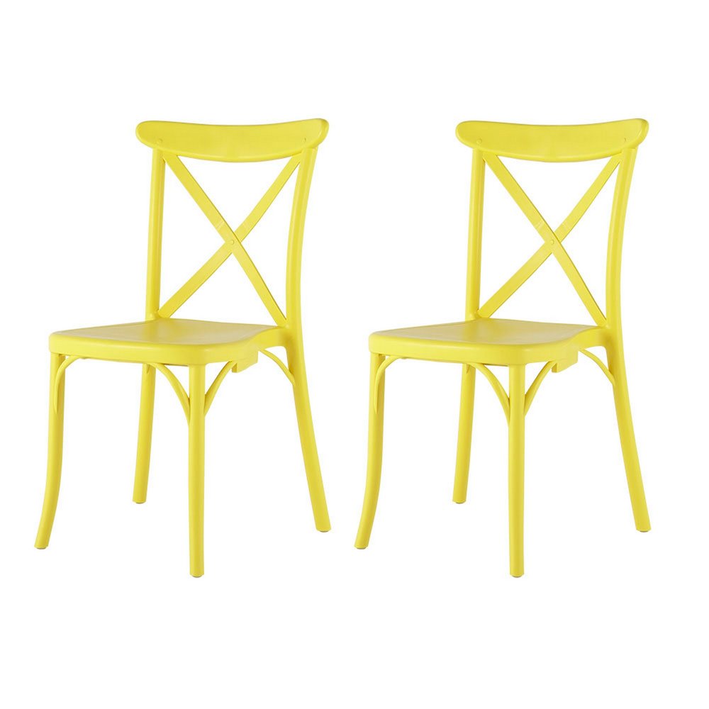 Set of Two Yellow Heavy Duty Plastic Outdoor Dining Chairs on a white background