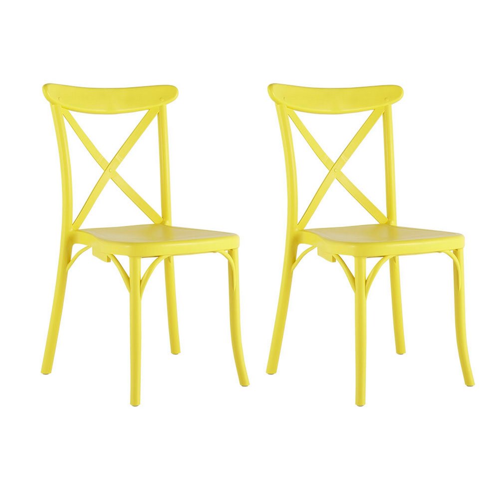 Set of Two Yellow Heavy Duty Plastic Outdoor Dining Chairs on a white background