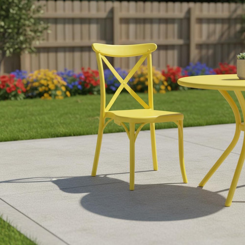 Set of Two Yellow Heavy Duty Plastic Outdoor Dining Chairs in a home interior