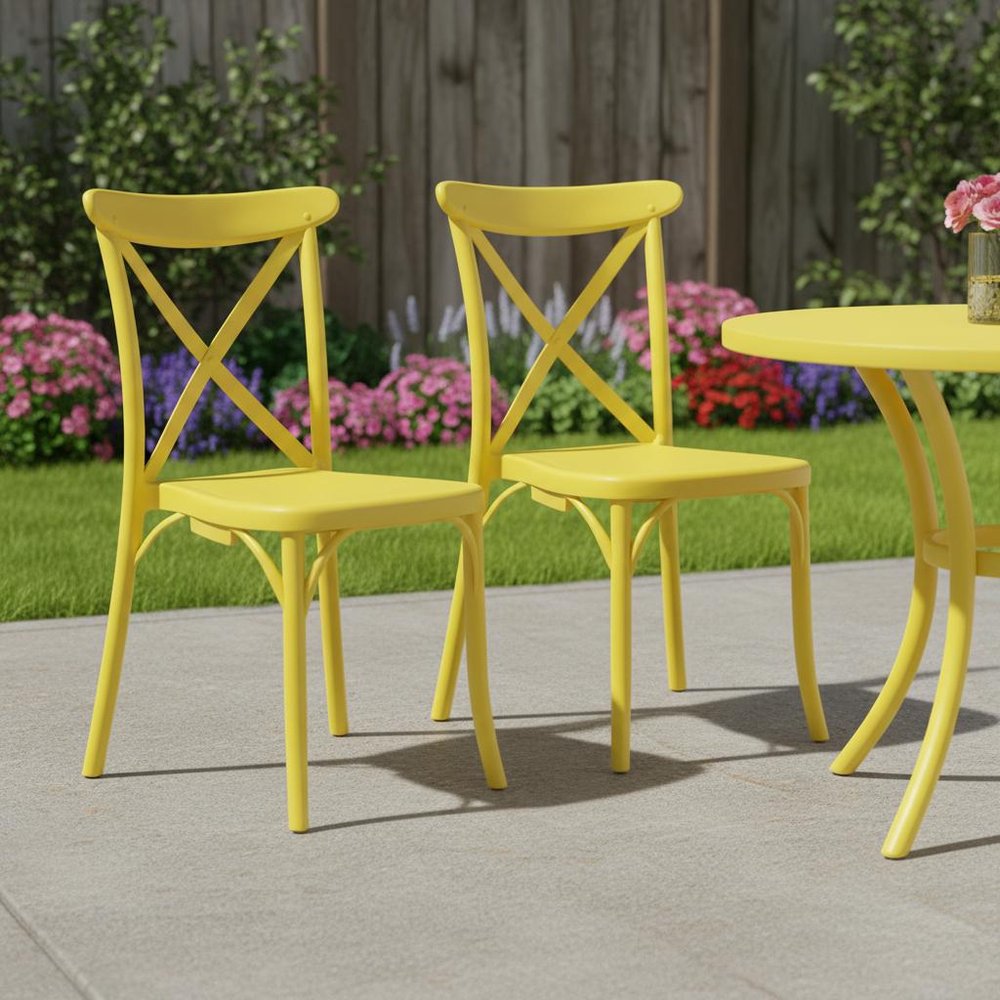 Set of Two Yellow Heavy Duty Plastic Outdoor Dining Chairs in a home interior