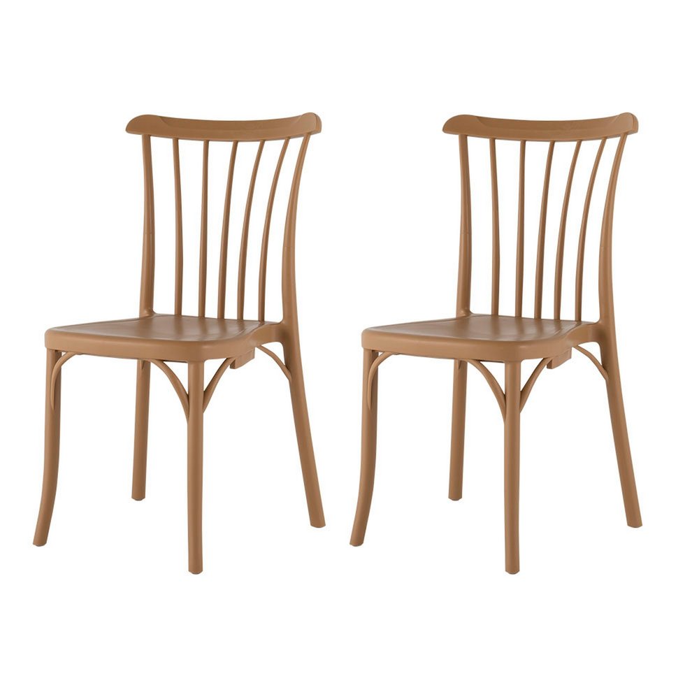Set of Two Tan and Natural Heavy Duty Plastic Slat Back Dining Side Chairs on a white background