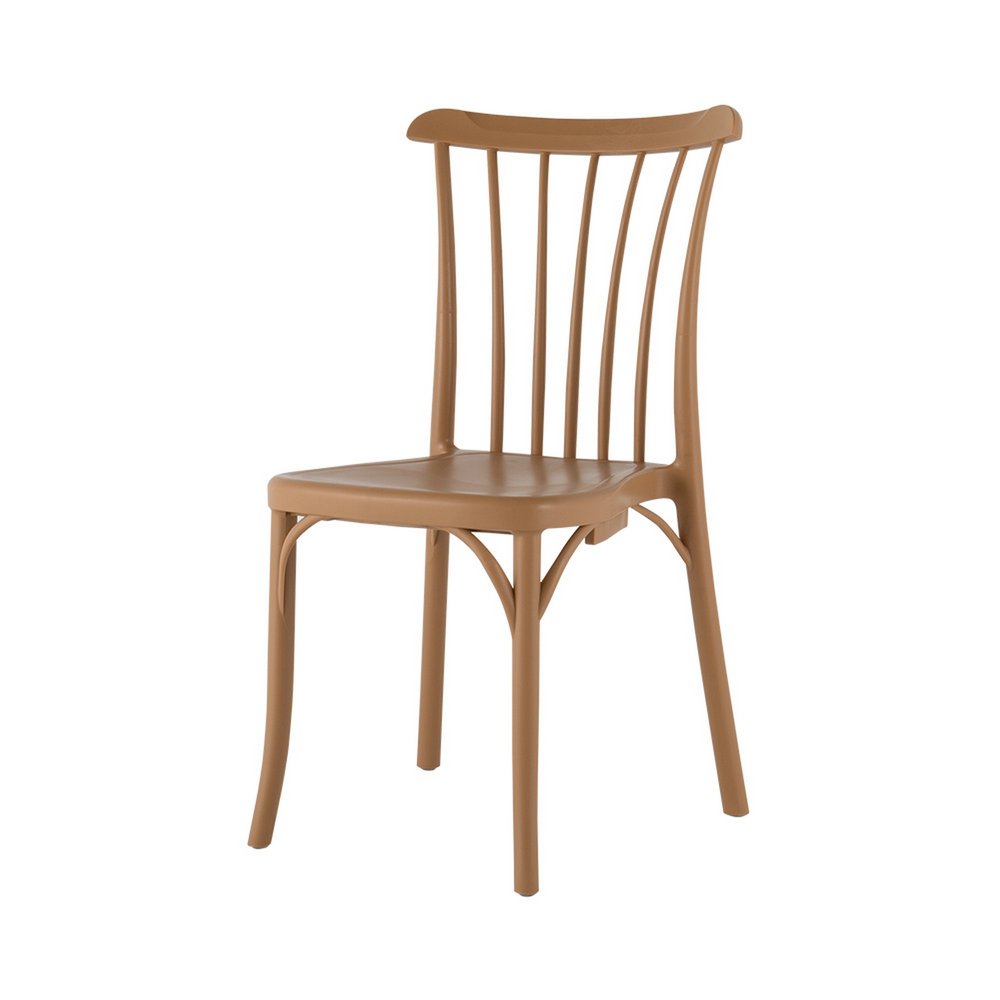 Set of Two Tan and Natural Heavy Duty Plastic Slat Back Dining Side Chairs on a white background